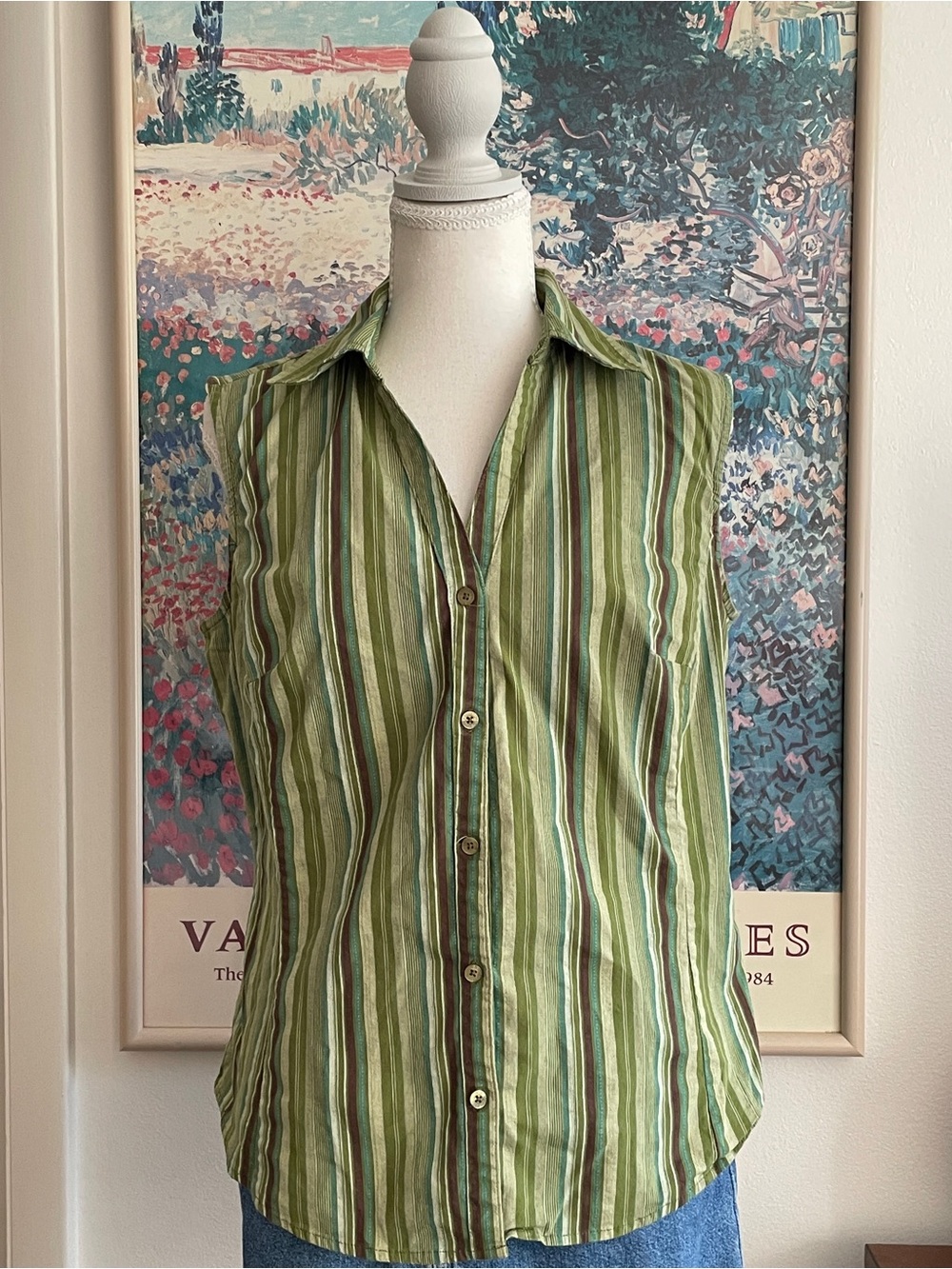 Y2K Green Striped Button Down M Sleeveless Fitted Preppy Granola St. Johns Bay